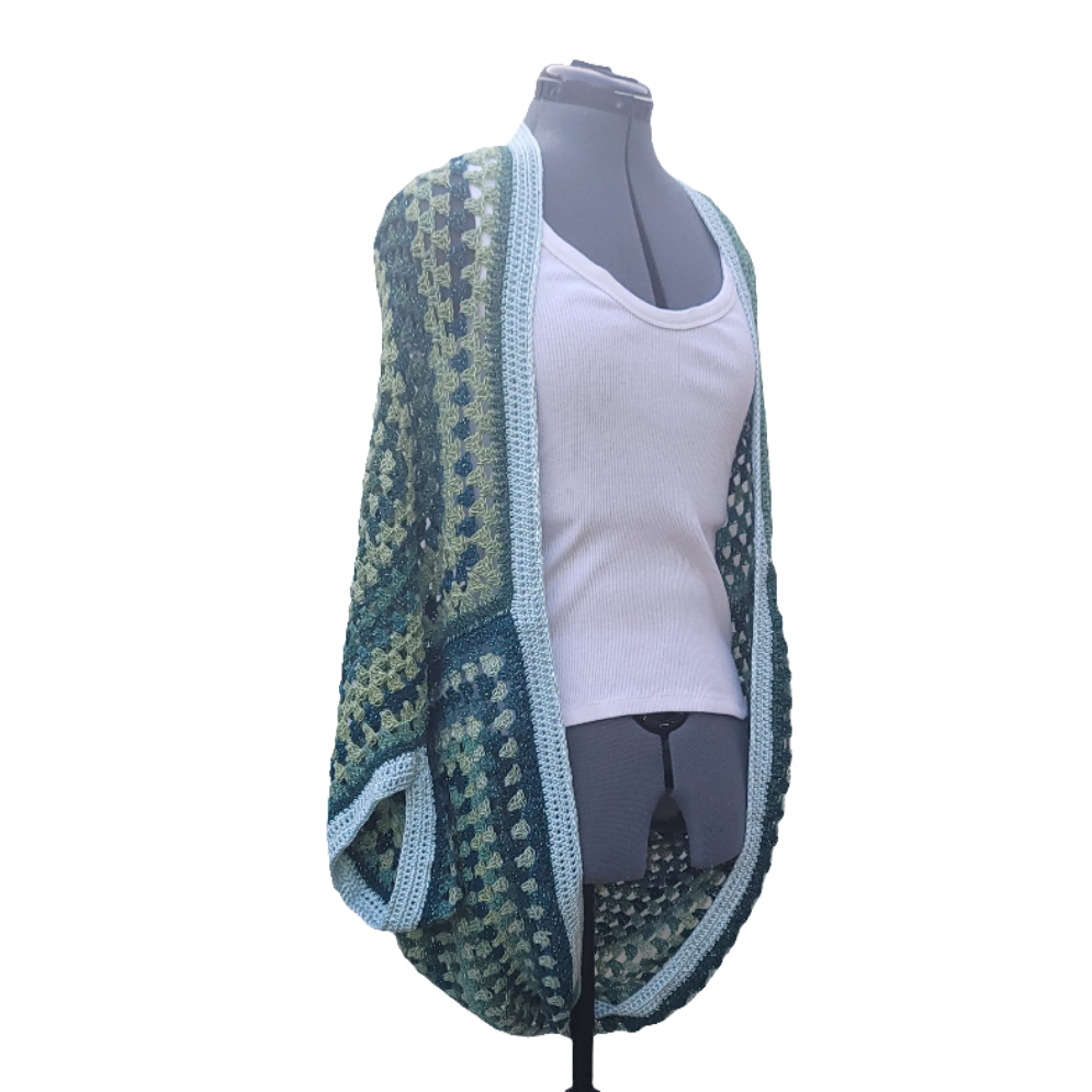 New Moon Cardigan, Green Emerald Ice Blue Handmade Cardigan