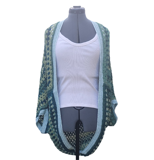 New Moon Cardigan, Green Emerald Ice Blue Handmade Cardigan